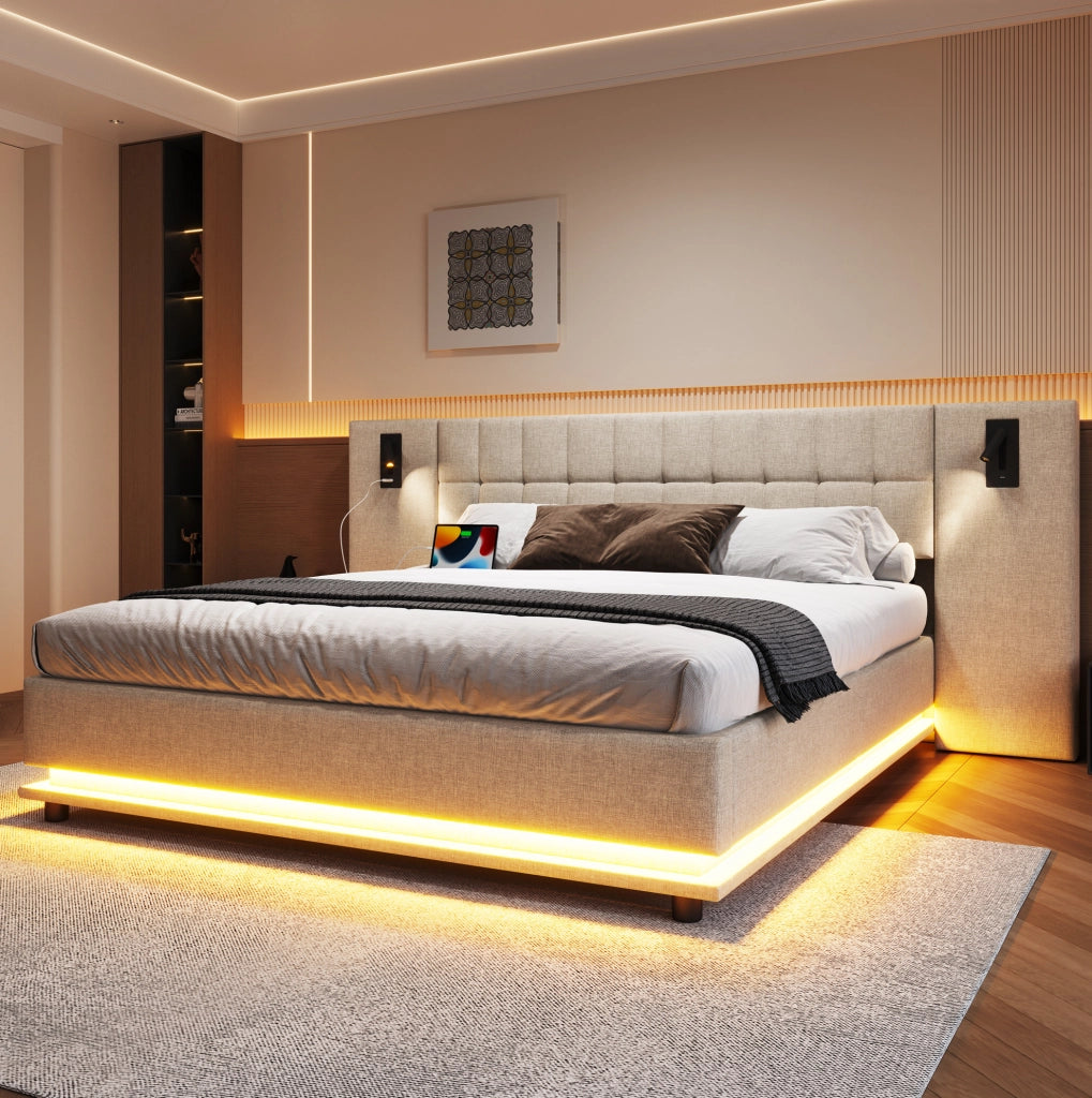 Letto matrimoniale 180x200 cm in lino beige con LED e USB, senza materasso