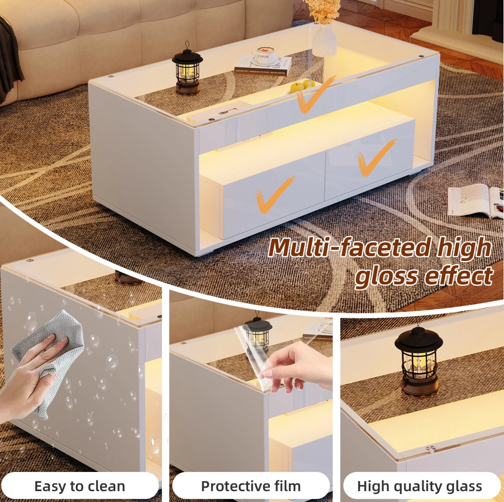 Tavolino da caffè moderno 100x50x40 cm bianco lucido con piano in vetro temperato, 2 ampi cassetti e illuminazione LED controllabile via app