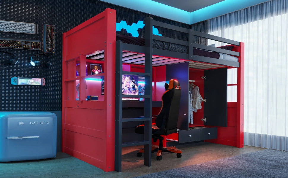 Letto a soppalco 90 × 200 cm con scrivania, armadio, cassetti, LED e prese, senza materasso, nero rosso