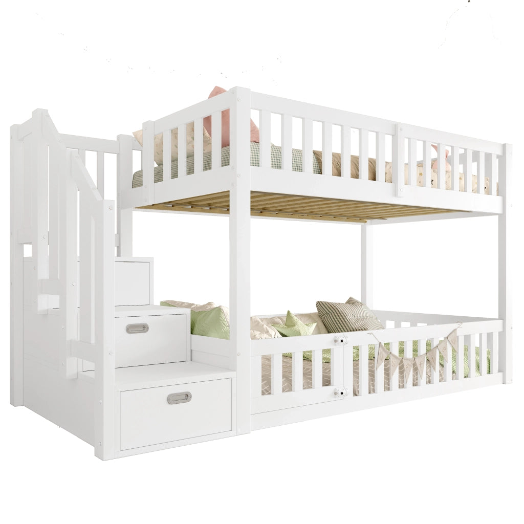 Letto a castello 90x200 cm, bianco, con scala dotata di spazio contenitore
