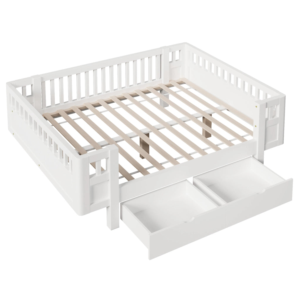 Letto piattaforma 140x200 cm bianco con sponda alta di protezione e due ampi cassetti