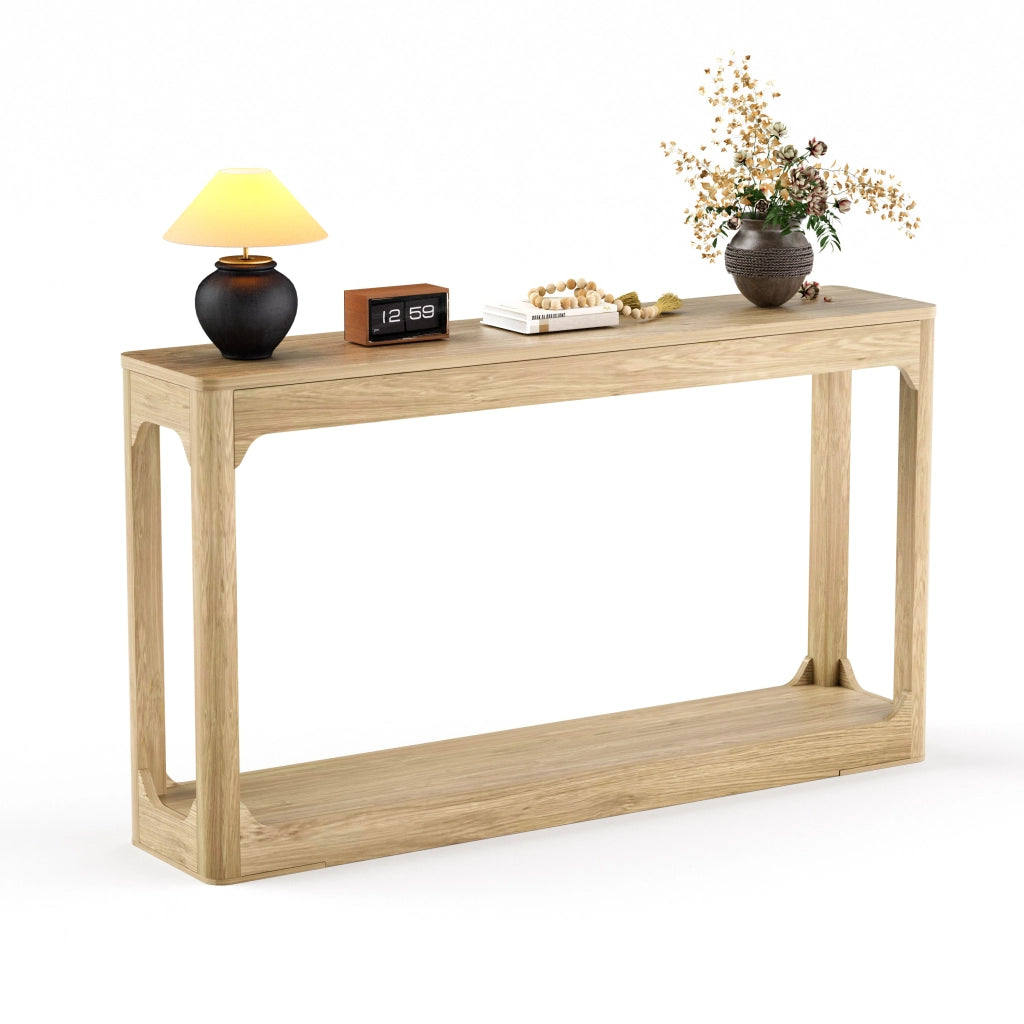 Consolle stretta con ripiani aperti in MDF colore naturale per ingresso e dietro il divano lunghezza 140 cm