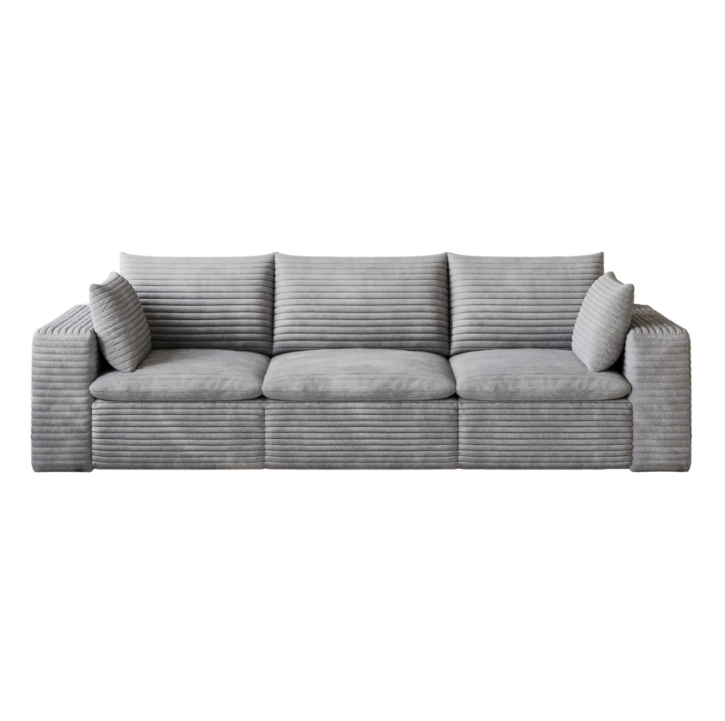 Divano modulare in tessuto grigio con imbottitura in schiuma e design componibile