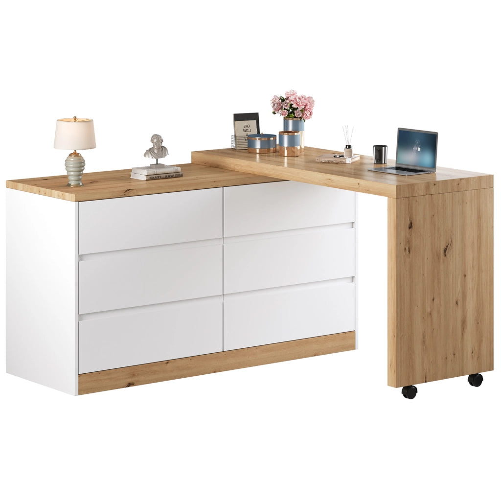 Scrivania girevole ULEVR 120x50 cm con 6 cassetti, ruote bloccabili e piano rotante, rovere e bianco