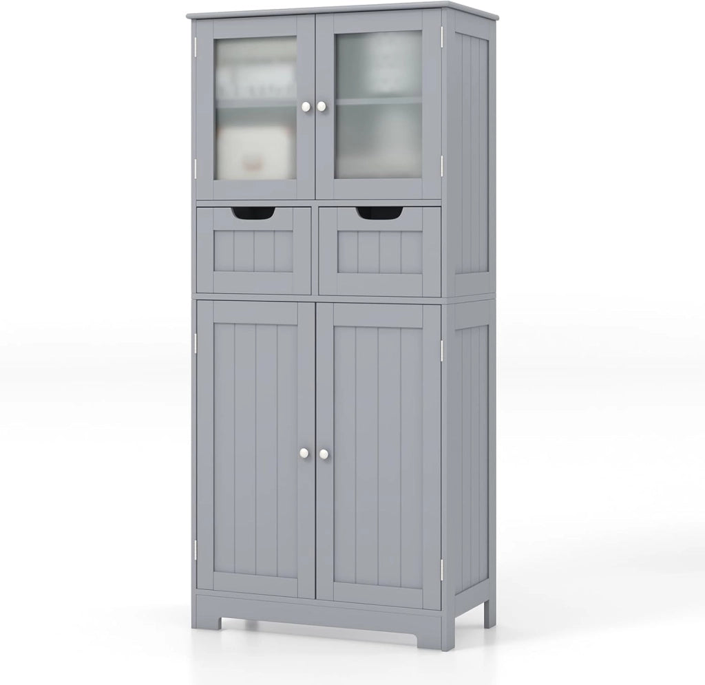 Armadio da Terra con 4 Ante, Mobile da Bagno con 2 Ante in Vetro 2 Cassetti e Ripiani Regolabili, Armadio Multifunzionale per Bagno e Soggiorno (Grigio, 60x30x128cm)