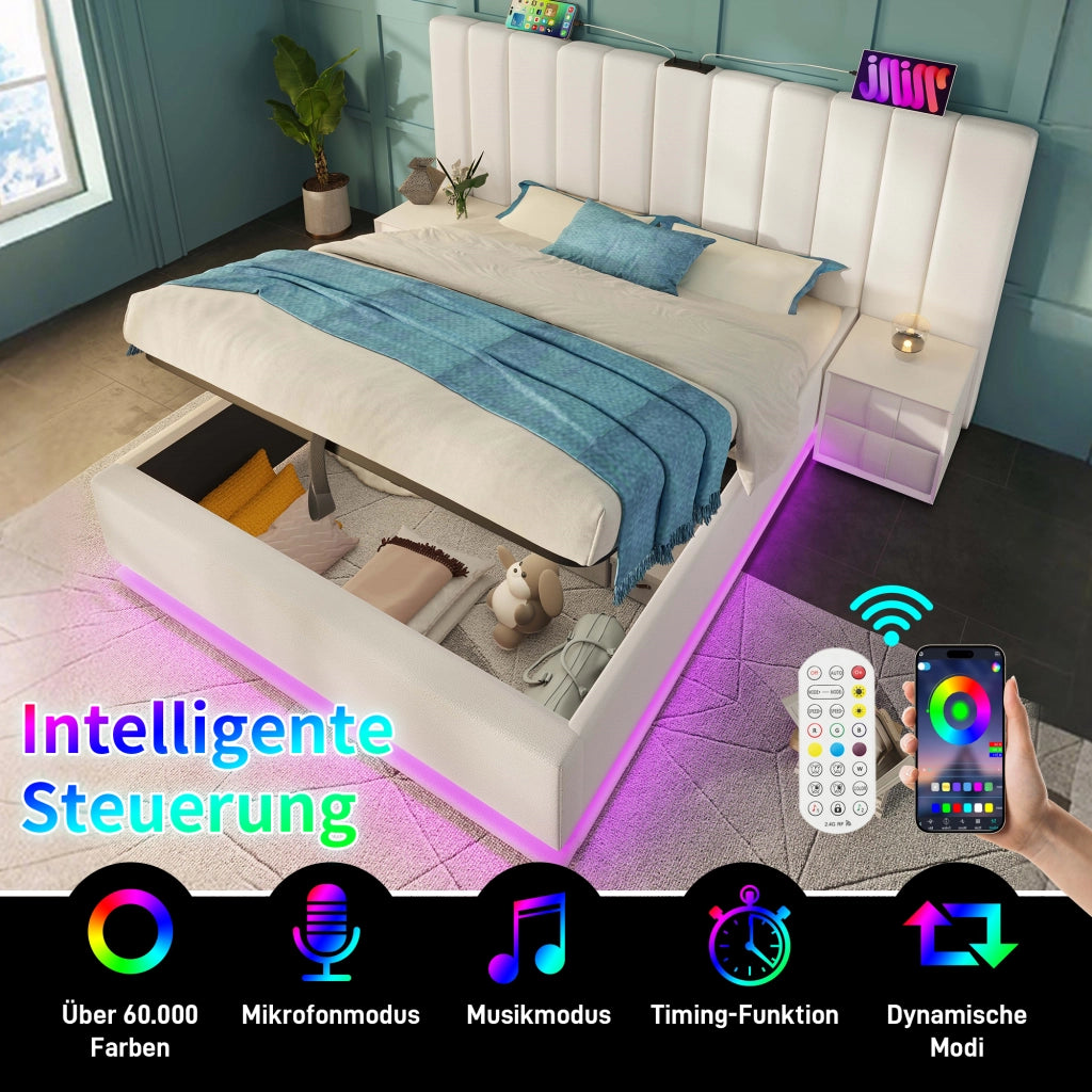 Letto contenitore imbottito 180x200 cm con LED e ricarica USB-C; bianco