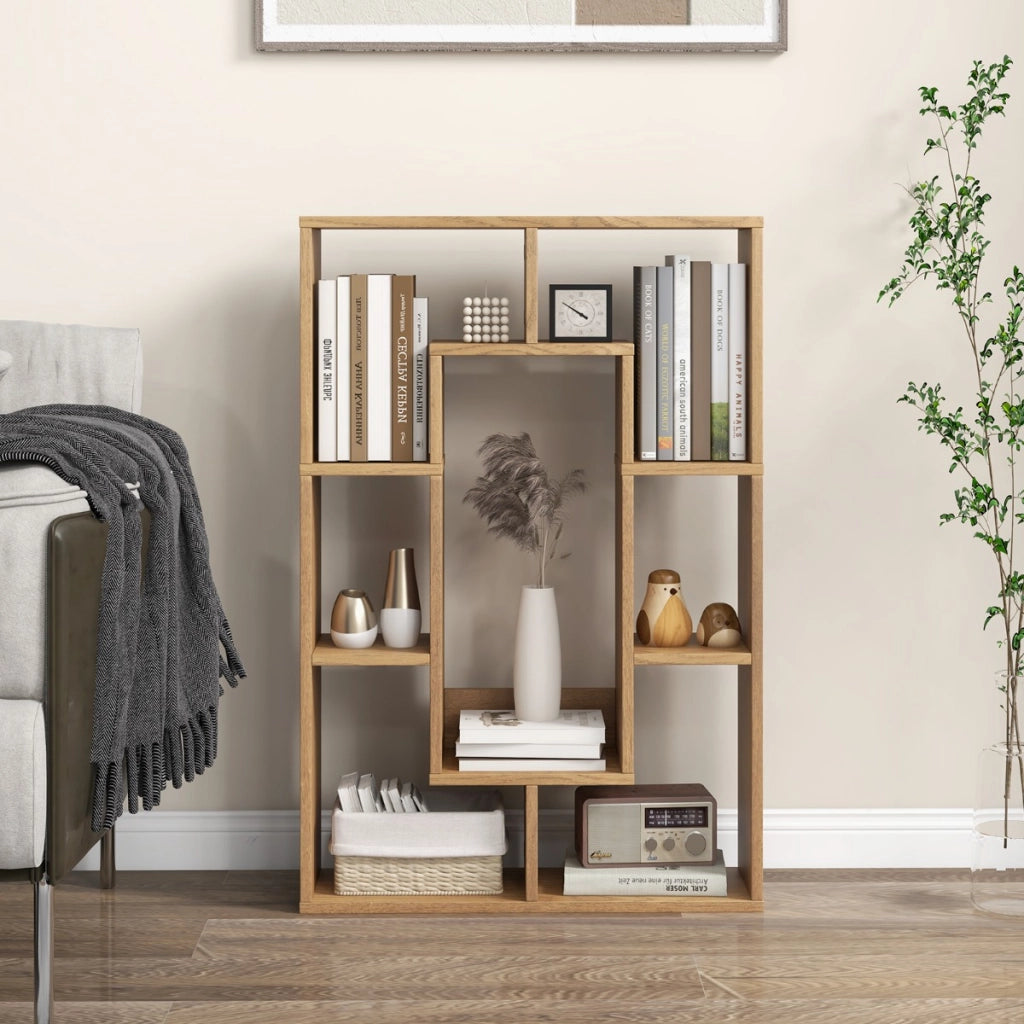 Libreria geometrica a 7 cubi, Moderna scaffale aperto da pavimento con dispositivo anti-ribaltamento per studio Naturale
