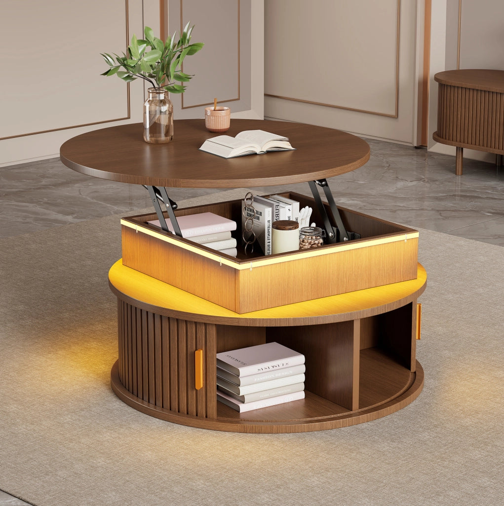 Tavolino rotondo regolabile 75x75x52 cm con LED, vani e porte avvolgibili in MDF noce
