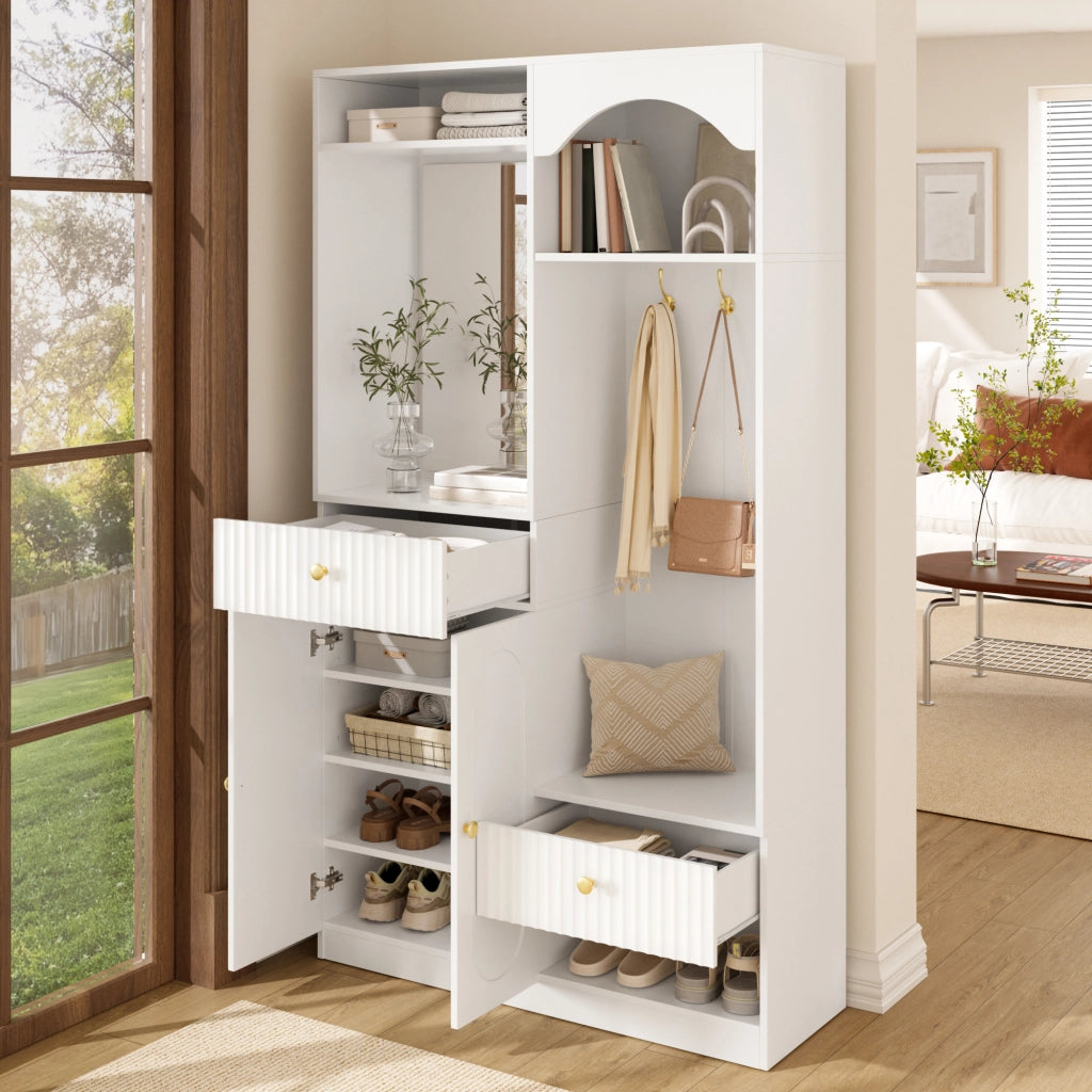 Mobile da ingresso con specchio, panca, ganci, LED, 2 ante, cassetti e ripiani regolabili, in MDF bianco, 100 × 35 × 180 cm