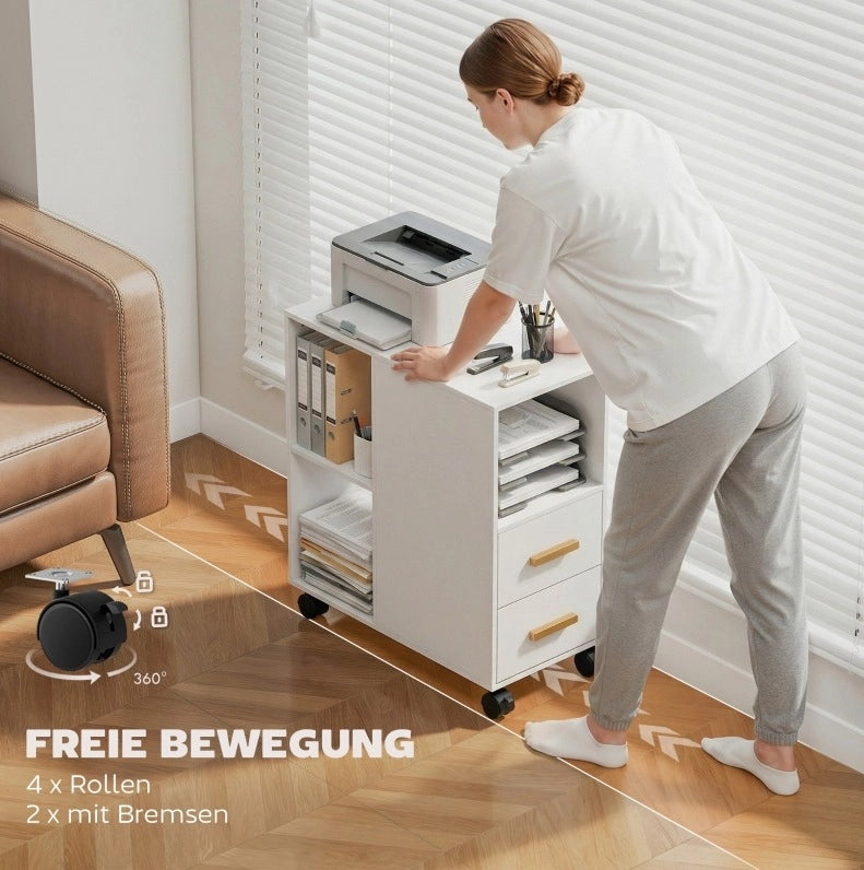 Carrello porta stampante con ripiano regolabile, 60x30x65 cm, bianco, con ruote