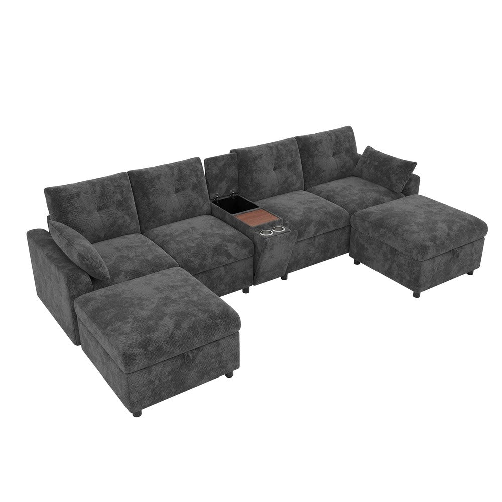 Divano angolare modulare 6 posti ¨C Minimal ¨C Grigio tessuto chenille con contenitori poggiapiedi porta bevande USB Type-C