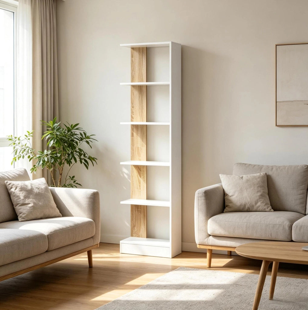 Libreria Moderna a Colonna bianca e rovere, 5 Ripiani Aperta, 45x21x170 cm