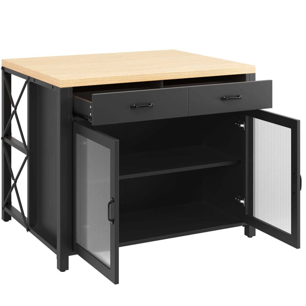 Isola da cucina 100x80x90 cm in MDF e vetro nero con LED e contenitore