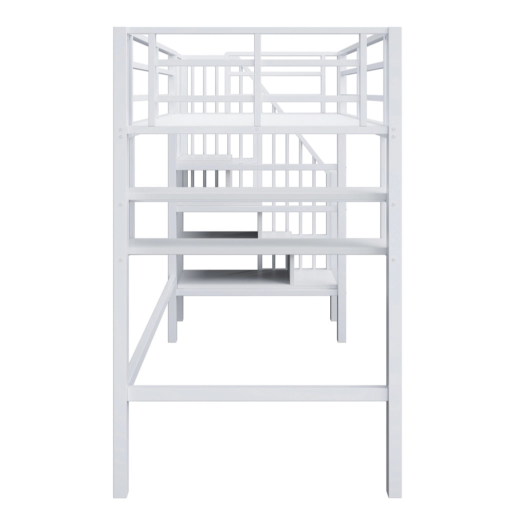 Letto a soppalco per bambini 90x200 cm con scala contenitore e ripiani in metallo bianco
