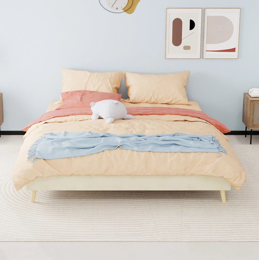 Struttura letto 160x200 cm beige in tessuto e metallo con testiera geometrica
