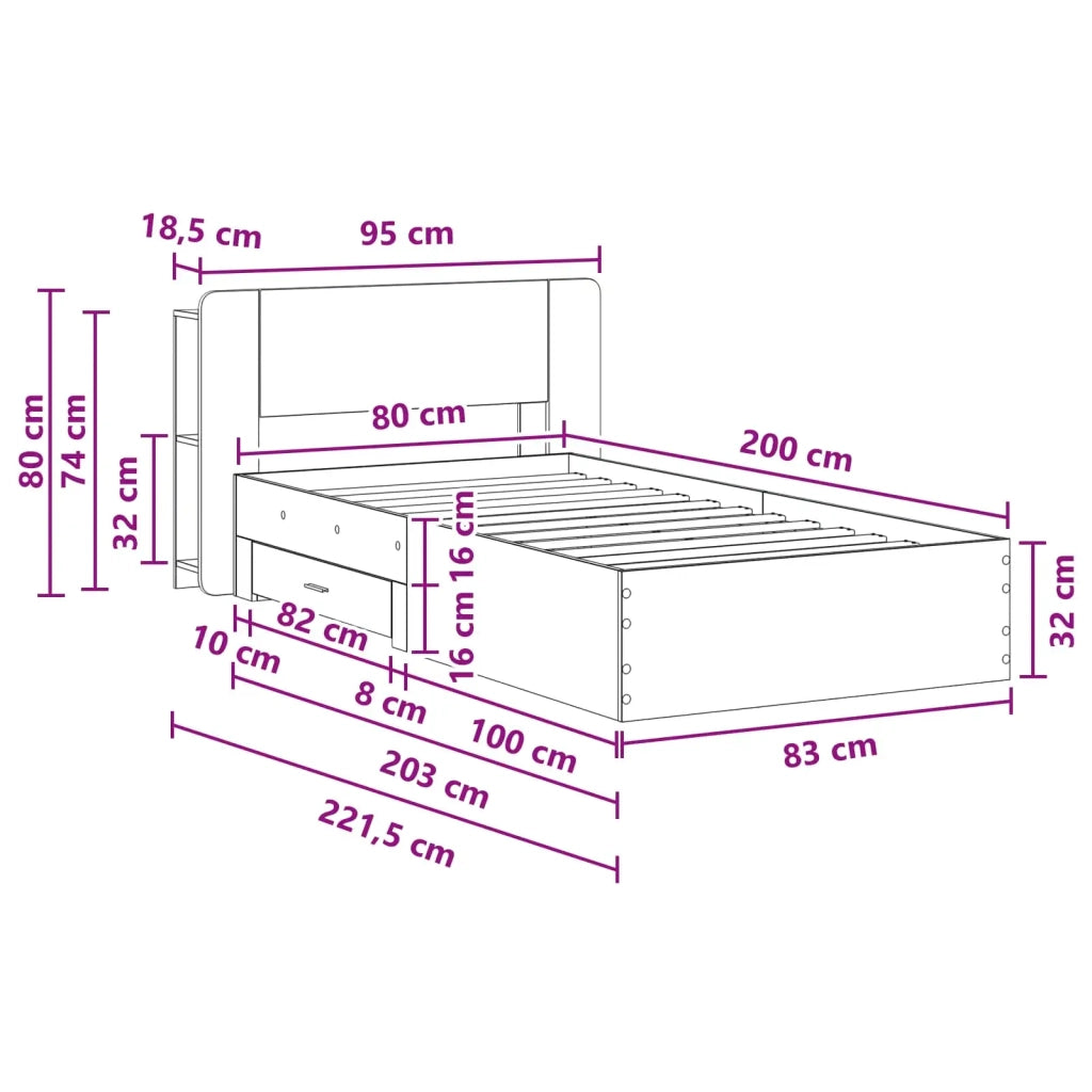 Letto singolo | Letto per adulti | Telaio del letto con storage Legno antico 80 x 200 cm
