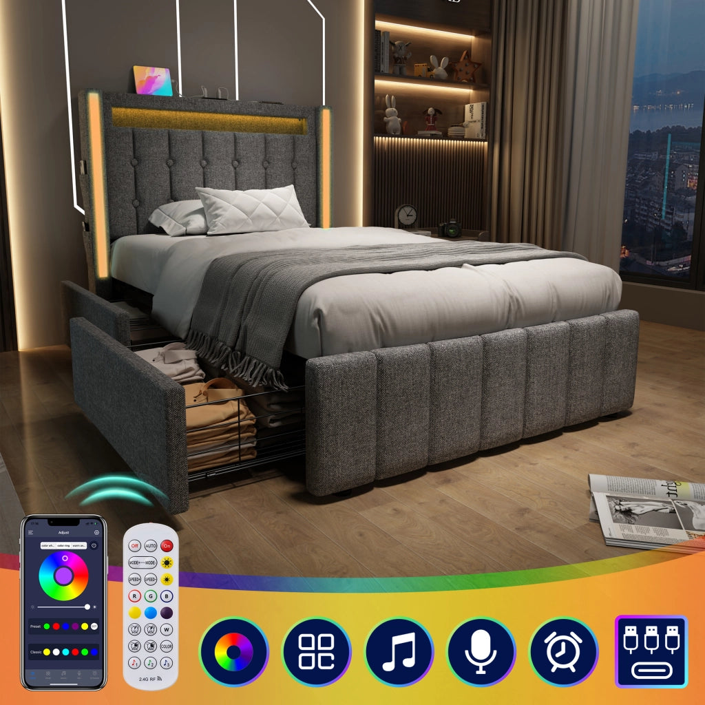 Letto Contenitore Singolo Imbottito 90x200 cm con LED; USB; USB-C; Cassetti; Grigio