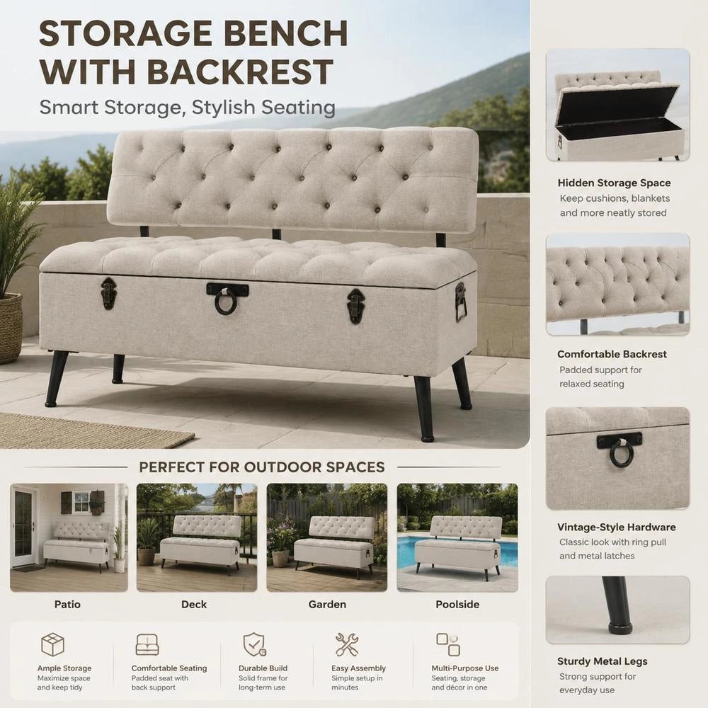 Bench With Storage Space And Backrest, 110cm, Cream Fabric