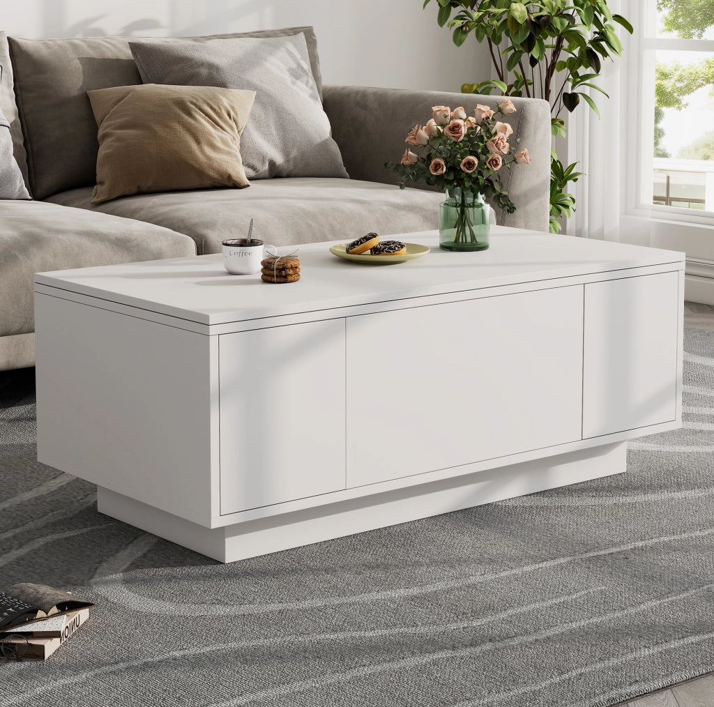 Tavolino da salotto con doppio piano sollevabile e vano contenitore; 100 x 50 x 43 cm; bianco