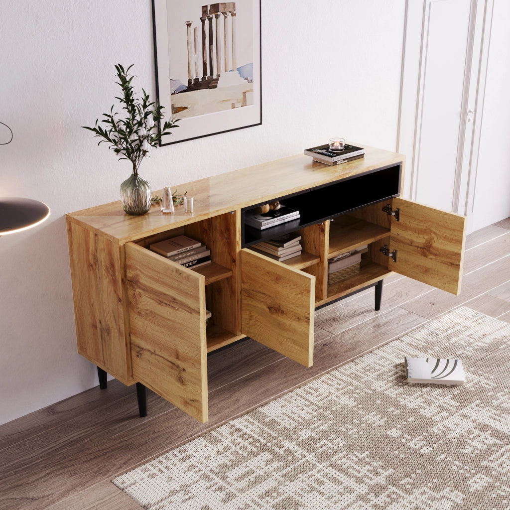 Credenza 160x35x76 cm con 3 ante e ripiani; MDF