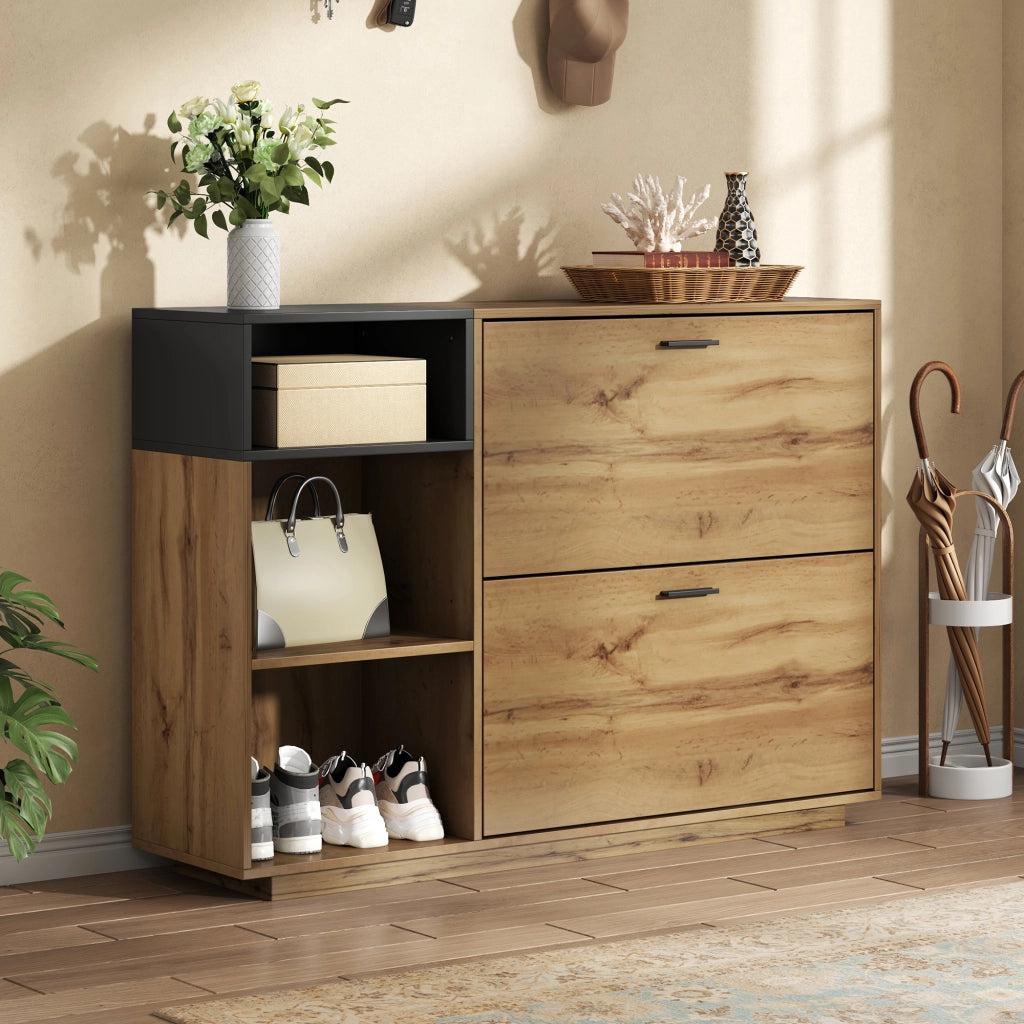 Scarpiera per ingresso con 3 vani aperti e 2 scomparti a ribalta in MDF naturale e nero 120 ¡Á 32 ¡Á 84.5 cm