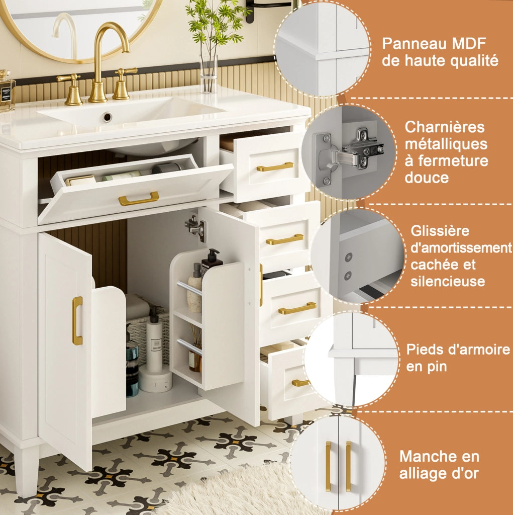 Mobile bagno bianco laccato 90x46x87 cm con lavabo in ceramica, doppia anta, 5 cassetti con ammortizzatori silenziosi e piedini in legno massello