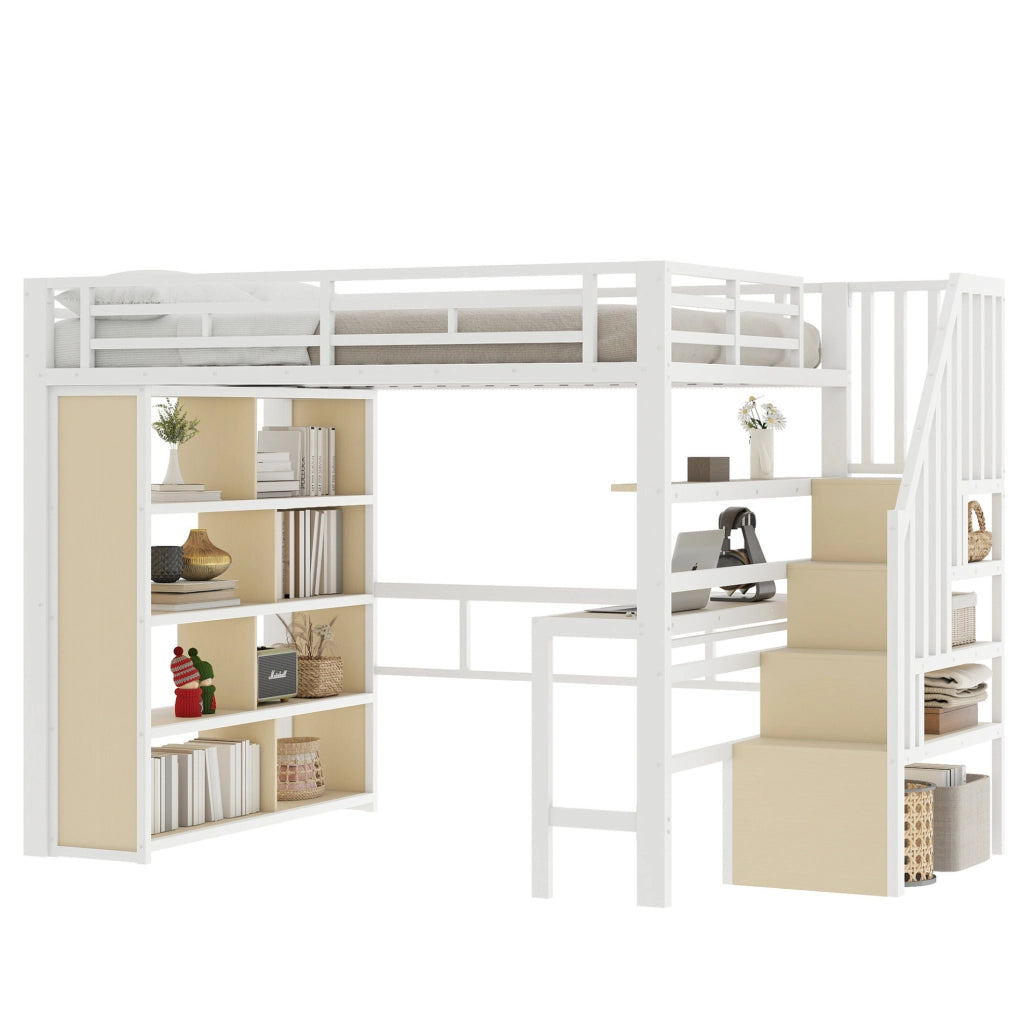 Letto a soppalco 140x200 cm con scrivania; scaffali; scala contenitore e LED bianco HOMVRA