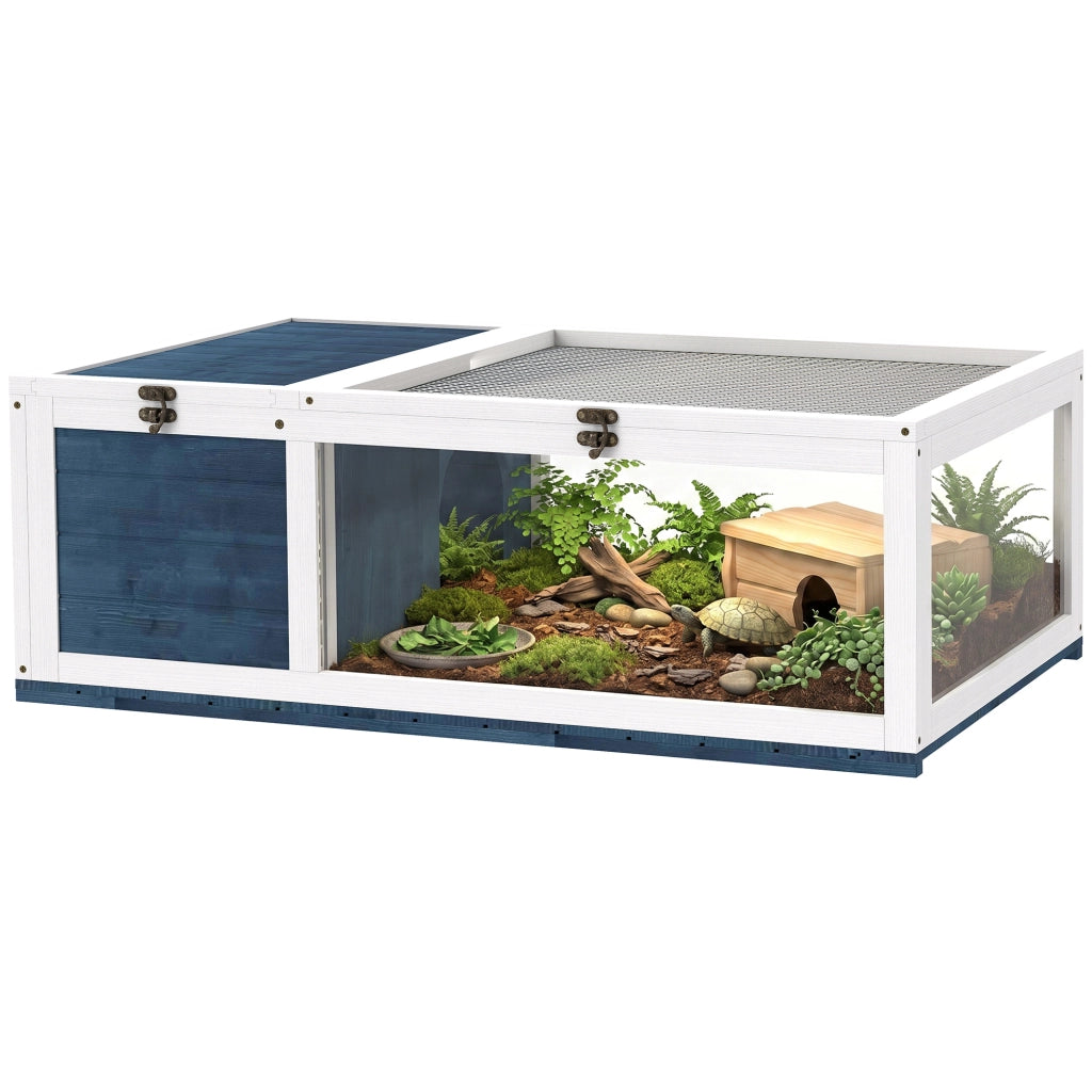 Casetta per Tartarughe in Legno Recinto con Tetto Apribile 91x60,5x32 cm Blu per Interno ed Esterno