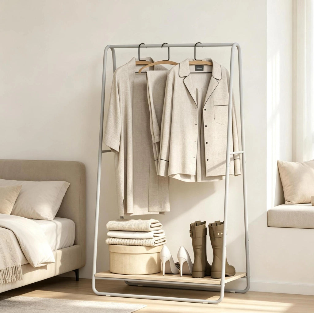 Appendiabiti 3 in 1 con Scarpiera e Barre Porta Abiti, struttura in Metallo e Pannello truciolare, 80x44x140 cm, colore giallo legno e grigio