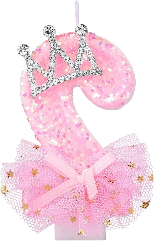 Candela numerata per compleanni con forma di arco, mesh e glitter rosa - Pailletten - candele per compleanni e celebrazioni speciali - Numero 2 -