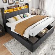 Letto contenitore 160 × 200 cm imbottito con LED USB e Type-C testiera con ripiani in tessuto grigio