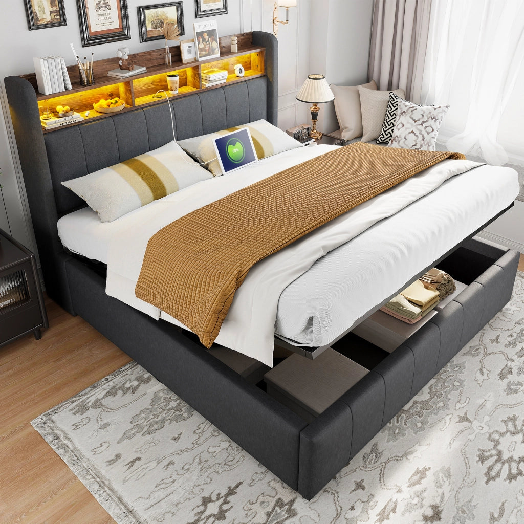 Letto contenitore 160 × 200 cm imbottito con LED USB e Type-C testiera con ripiani in tessuto grigio