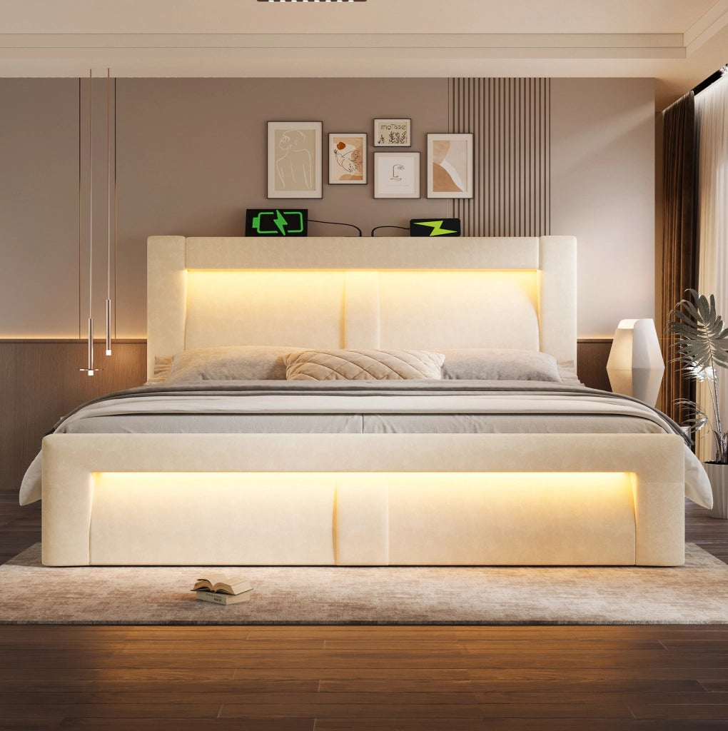 Letto contenitore 140x200 cm in velluto beige con LED, USB e materasso incluso