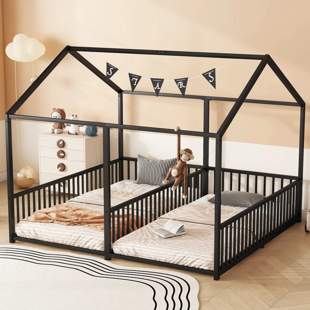 Letto gemellare a casetta in metallo 90x200 cm nero con sponde e scala per due bambini, senza materasso