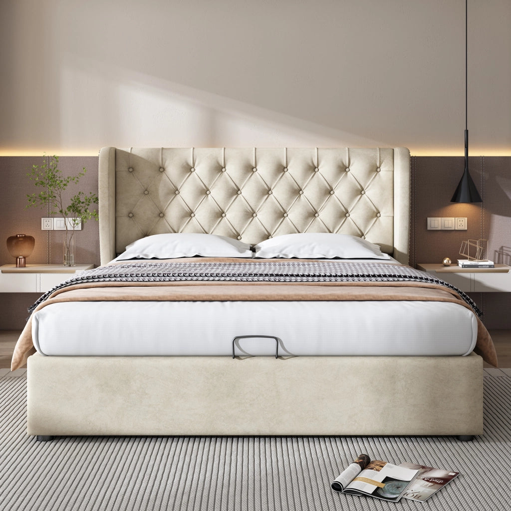 Letto contenitore 140 × 190 cm con sollevamento idraulico testiera imbottita rivestito in velluto beige