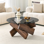 Tavolino basso fisso rotondo con piano in vetro temperato e base geometrica in MDF color noce