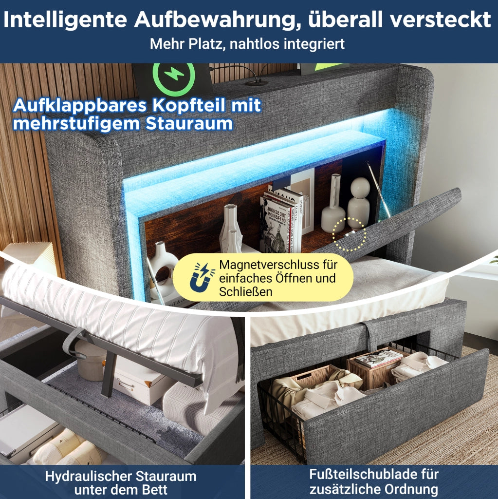 Letto imbottito 90x200 cm con contenitore idraulico, testiera con vano portaoggetti, illuminazione LED e porte USB/USB-C, struttura con doghe in legno, grigio in lino, senza materasso