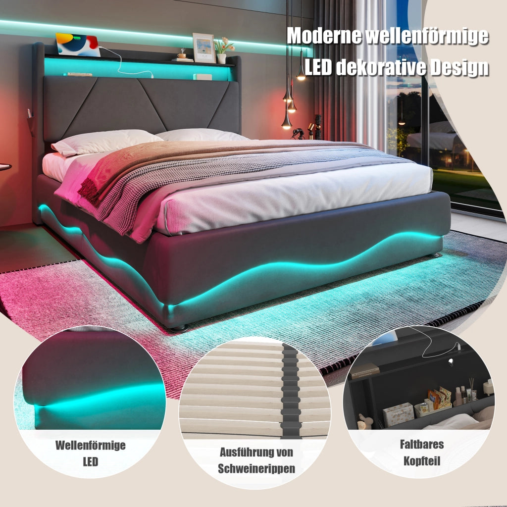 Letto contenitore 140 × 200 cm con testiera in velluto; LED; prese USB e Type-C; vano contenitore grigio scuro