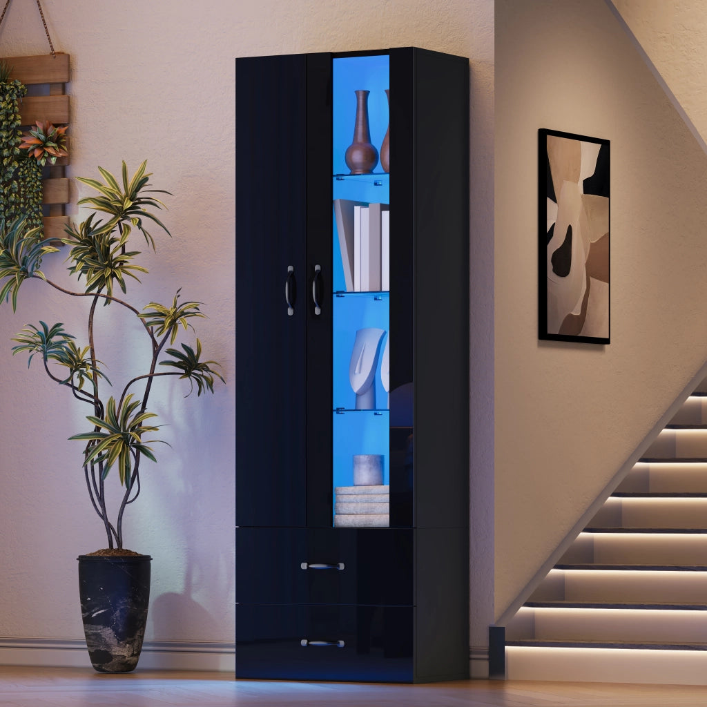 Vetrina LED con 2 ante, 2 cassetti e ripiani, nera, per soggiorno e studio, in pannello truciolare, 59.5 × 35 × 182 cm