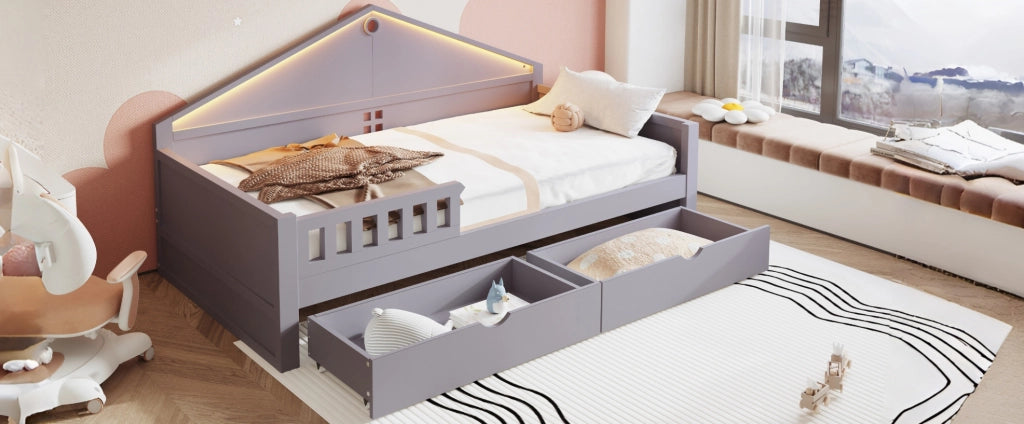 Letto singolo 90x200 cm in legno con cassetti e illuminazione LED controllabile via smartphone, grigio