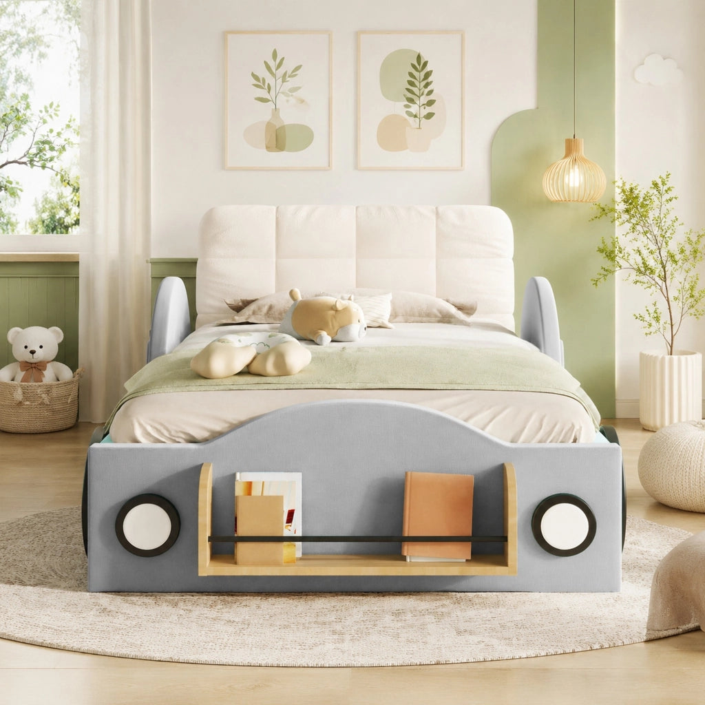 Letto contenitore 90 × 200 cm con vano idraulico tasche laterali libreria e cuscino imbottito in flanella grigio