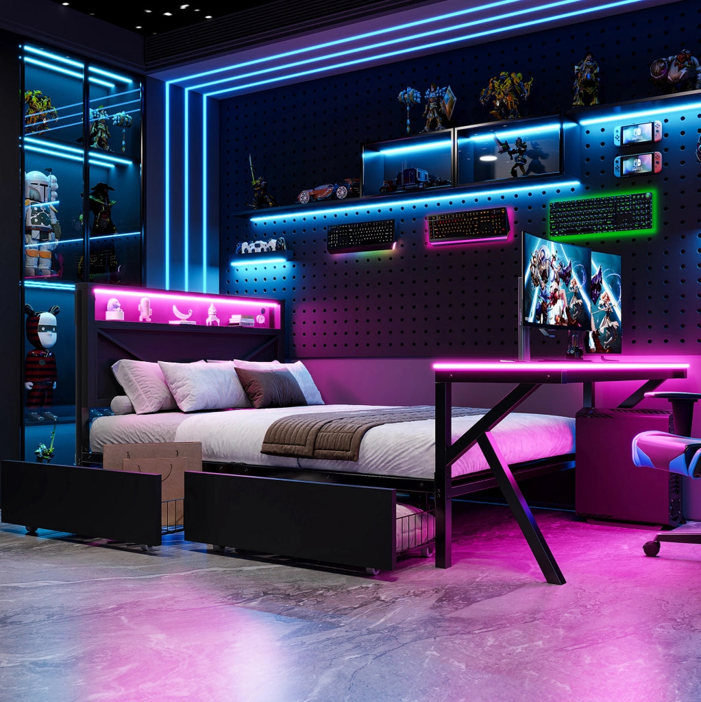 Letto a piattaforma gaming 140x200 cm in metallo con scrivania LED; testiera LED e cassetti; nero
