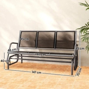 Panca Altalena da Giardino a 3 posti in Metallo con Meccanismo Oscillante, 147x70x85 cm, Grigio Scuro, Portata 300 kg