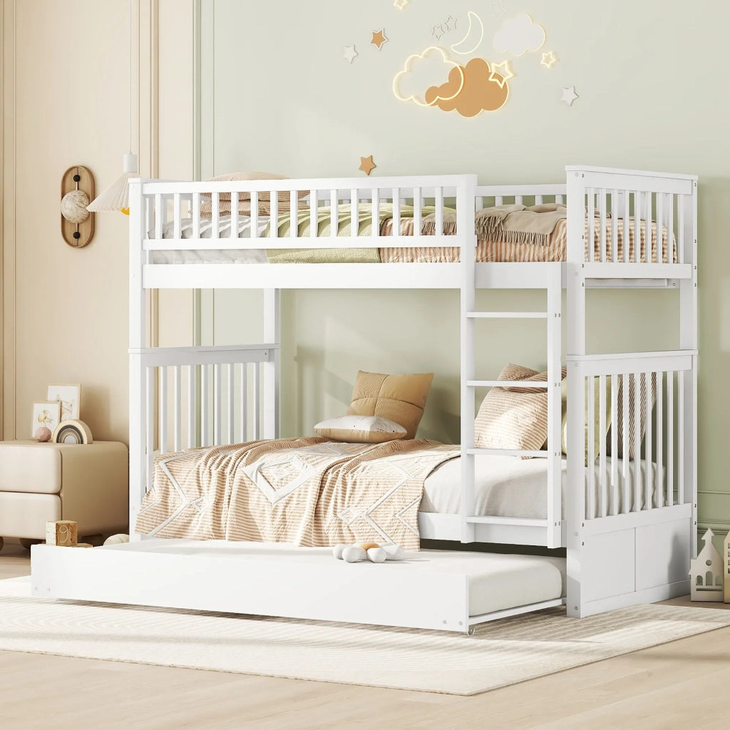 Letto a castello per bambini 3 posti 90x200 cm con letto estraibile, ringhiere alte e scala stabile, bianco