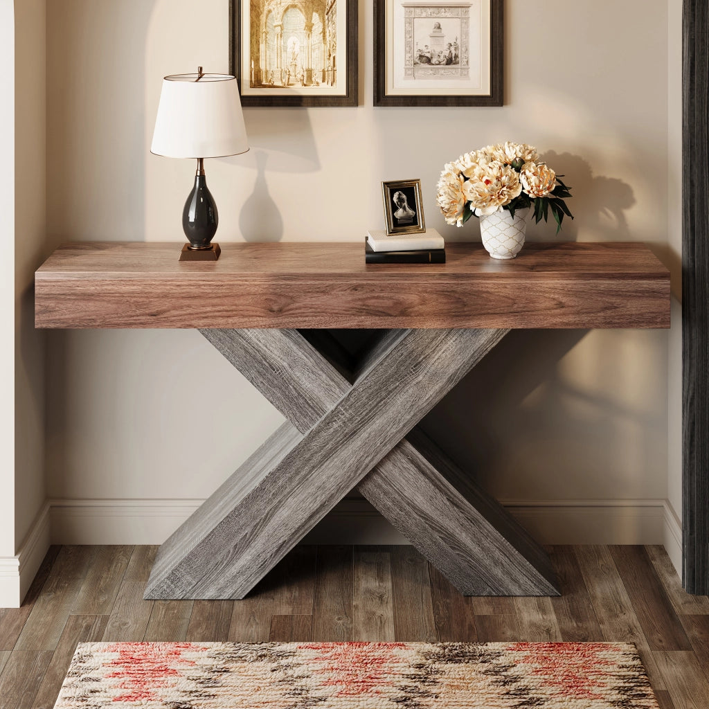Consolle stretta con supporto a X in truciolare finitura legno noce per ingresso e soggiorno 140 × 30 × 80 cm