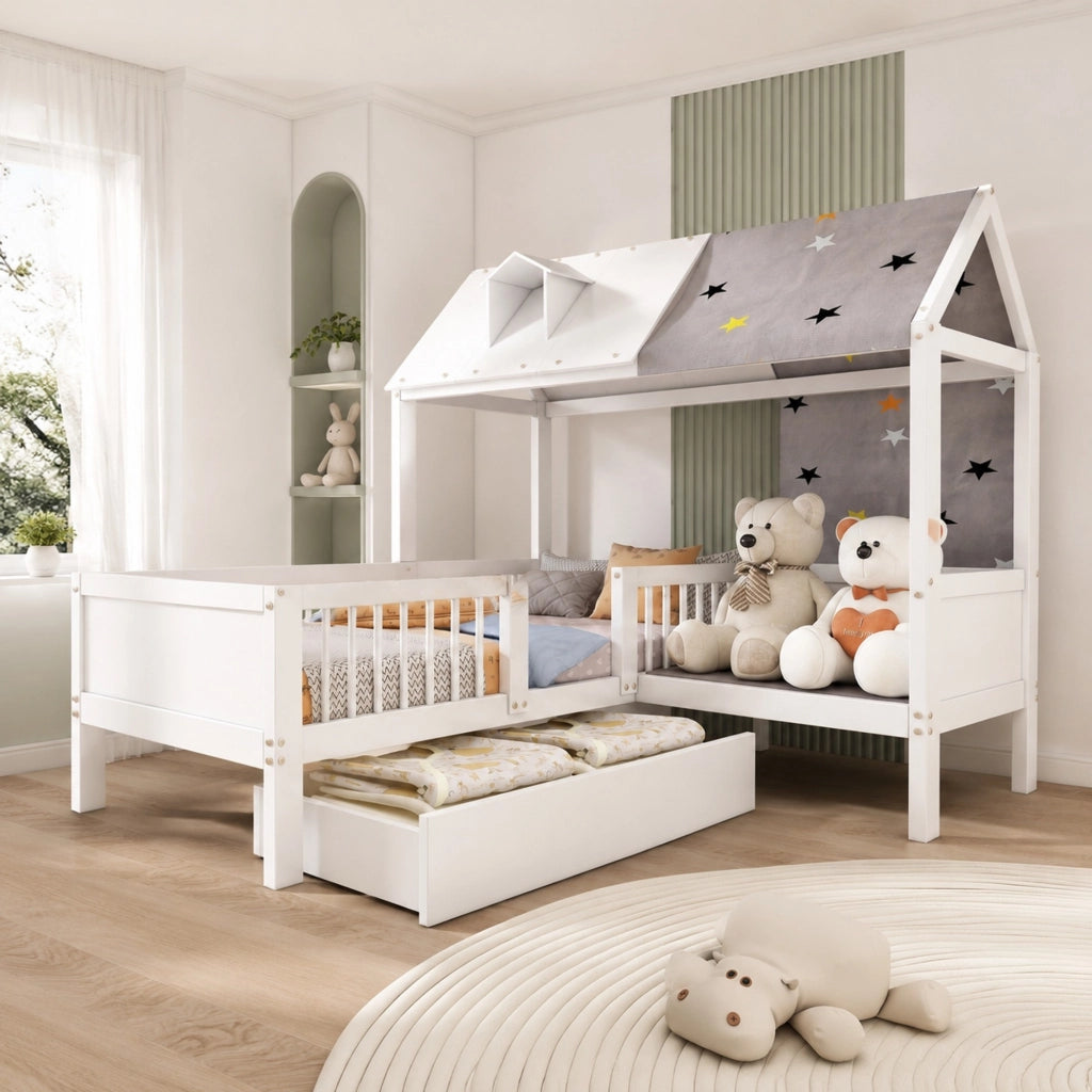 Letto singolo a casetta per bambini 90x200 cm con cassetti; legno massello e MDF bianco