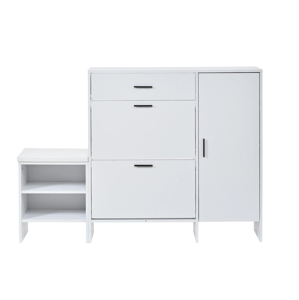 Appendiabiti multifunzione bianco con specchio, panca per cambio scarpe e armadietto 140x30x200 cm per ingresso