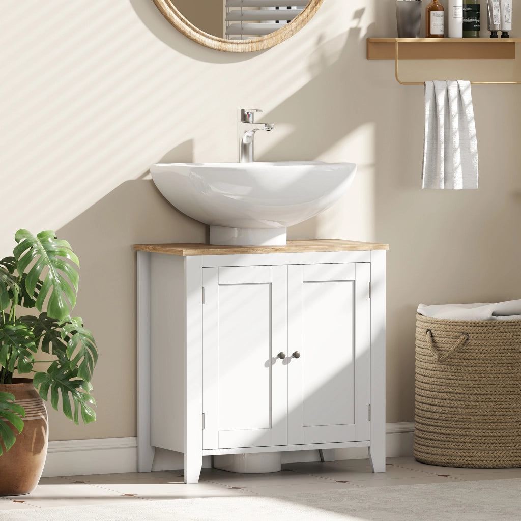 Mobile Sottolavabo Bagno con Intaglio a U Salvaspazio, Mobiletto in MDF con Ripiano Regolabile, 60x30x60 cm, Bianco e Legno