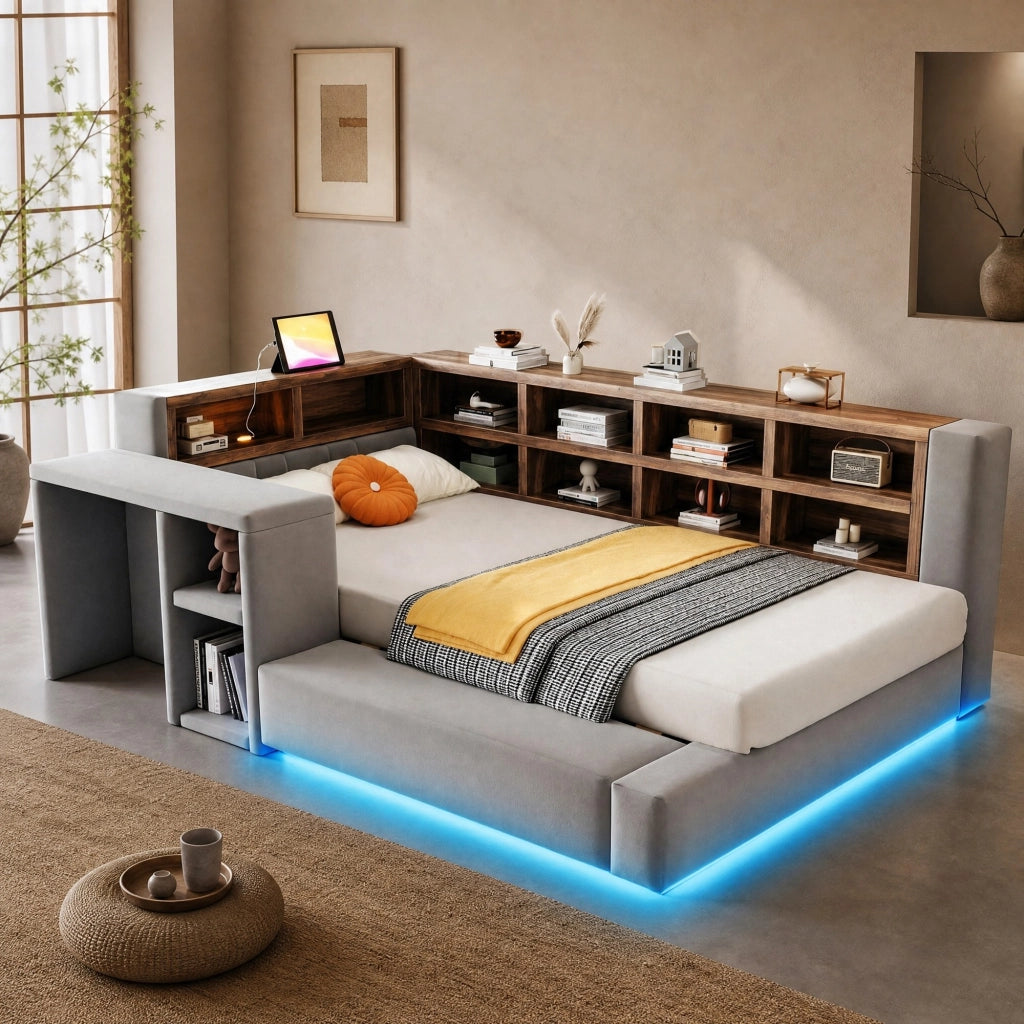 Letto imbottito 90 x 200 cm grigio scuro con LED, prese, vani e tavolino