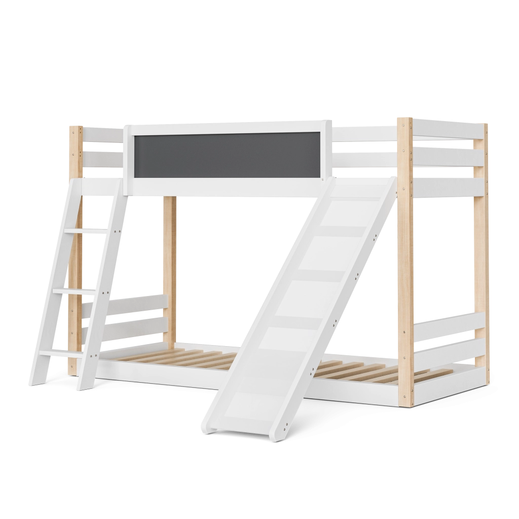 Letto a castello per bambini bianco 90x200 cm con scala, scivolo e lavagna